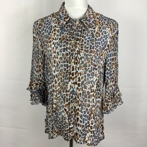 Lecomte Blue Leopard Print Button Up Blouse Top With Double Ruffle Bell Sleeves